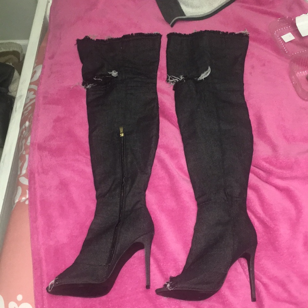 Thigh high black denim heeled boots - Picture 1 of 1